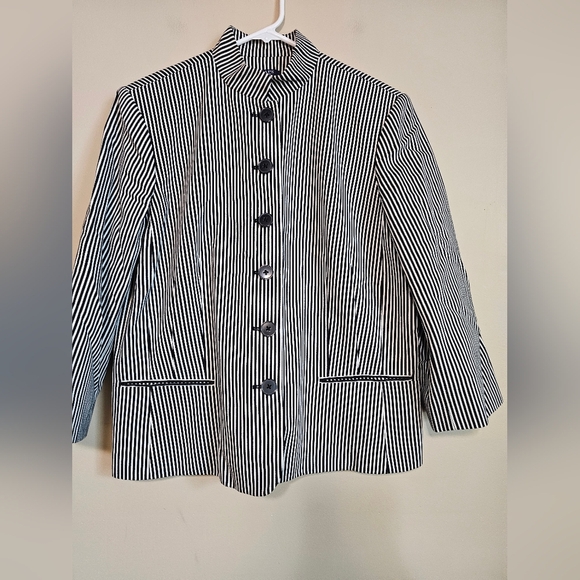 Chaps Women's Black & White Striped Mandarin Collar Button Up Jacket Size 16 - Picture 2 of 5
